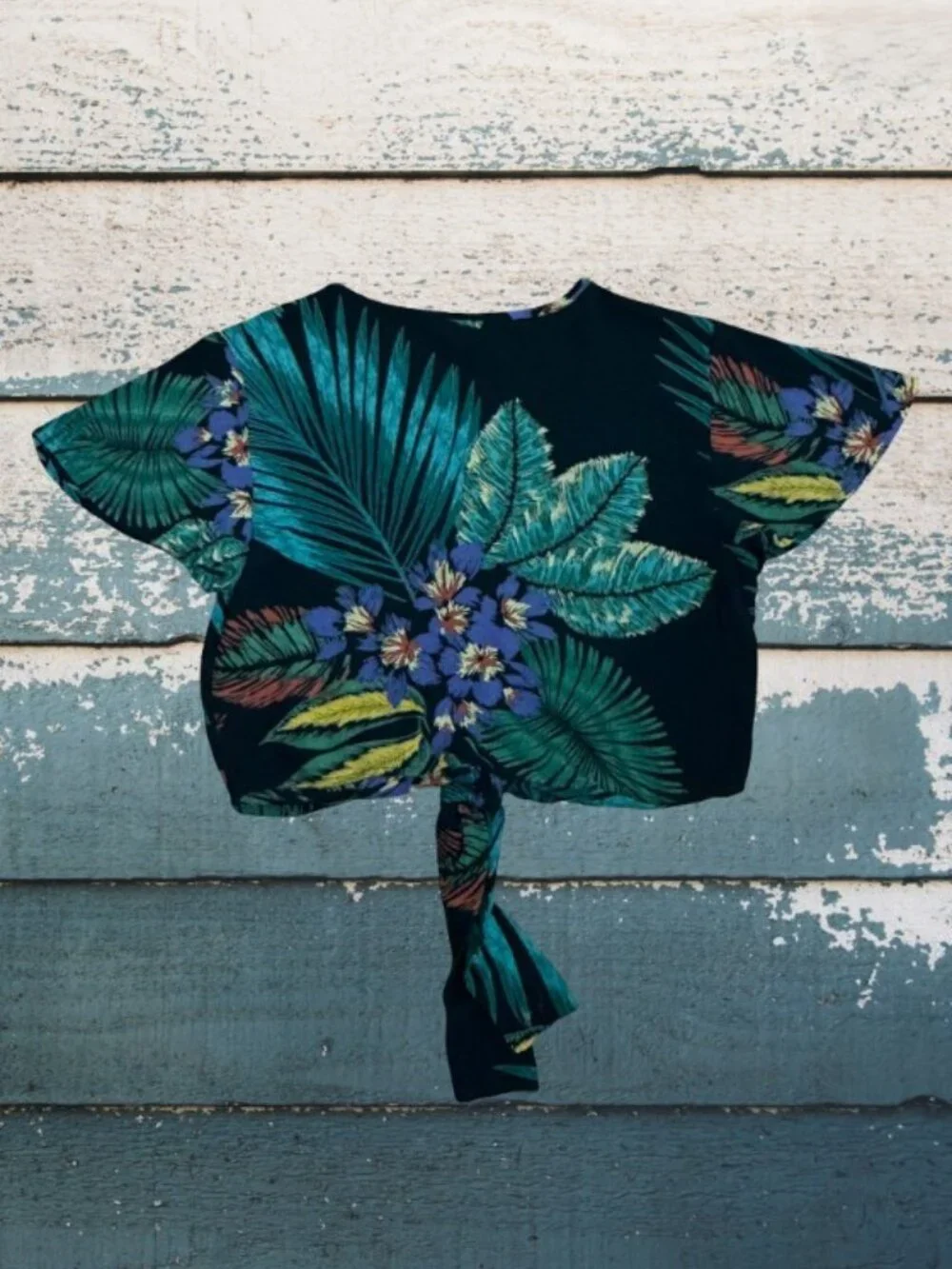 Multicolor Tropical Palm Flutter Sleeve Tie Front Top S - Picture 8 of 11